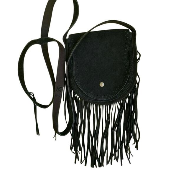 Black Suede Fringed Western Festival Cross Body Bag - Picture 1 of 3